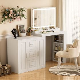59" Makeup Vanity Desk with Mirror, Vanity Mirror with Lights, Dressing Table with 3 Drawers and 2 Cabinets