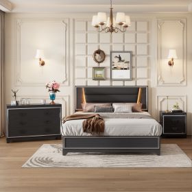 3-Pieces Bedroom Sets Queen Size Upholstered Bed with LED Lights, Nightstands and Dresser with Metal Handles and Sparkling Shiny Decoration, Blac