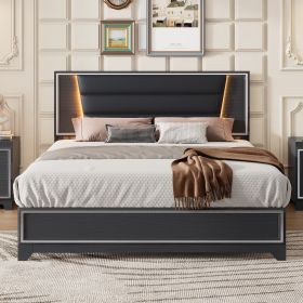 Queen Size PU Upholstered Bed, Headboard with LED Light Strips and Sparkling Shiny Decoration, No Box Spring Required, Black