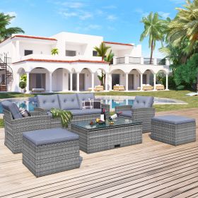 6-piece All-Weather Wicker PE rattan Patio Outdoor Dining Conversation Sectional Set with coffee table, wicker sofas, ottomans, removable cushion