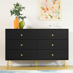 6 Drawer Dresser For Bedroom, Storage Cabinet With Golden Handles, Modern Closet Of Drawers For Living Room