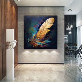 Handmade Oil Painting Original Abstract Feather Oil Painting on Canvas Large Wall Art Golden Texture Painting Minimalist Art Custom Living Room D (style: 01, size: 150x150cm)