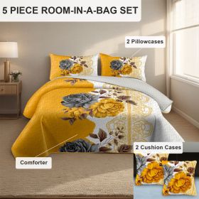 5 Piece Soft All-Season Washed Microfiber And Viscose Comforter Set ,  With Comforter, Sheet, Pillowcases & Shams, Print, Flowerd, Moisture-Wicki (Color: Yellow Blossom, size: QUEEN)