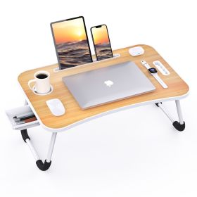 Foldable Laptop Table Portable Lap Desk Bed Table Tray Laptop Stand with Cup Holder & Tablet Slot & Lifting Handle for Working Writing Drawing & (Color: Wood)