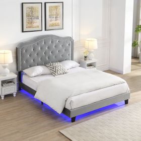 Upholstered Bed Button Tufted with Curve Design - Strong Wood Slat Support - Easy Assembly - Velvet - With LED light-platform bed - Queen (Color: Light Gray)