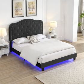 Upholstered Bed Button Tufted with Curve Design - Strong Wood Slat Support - Easy Assembly - Velvet - With LED light-platform bed - Queen (Color: Black)